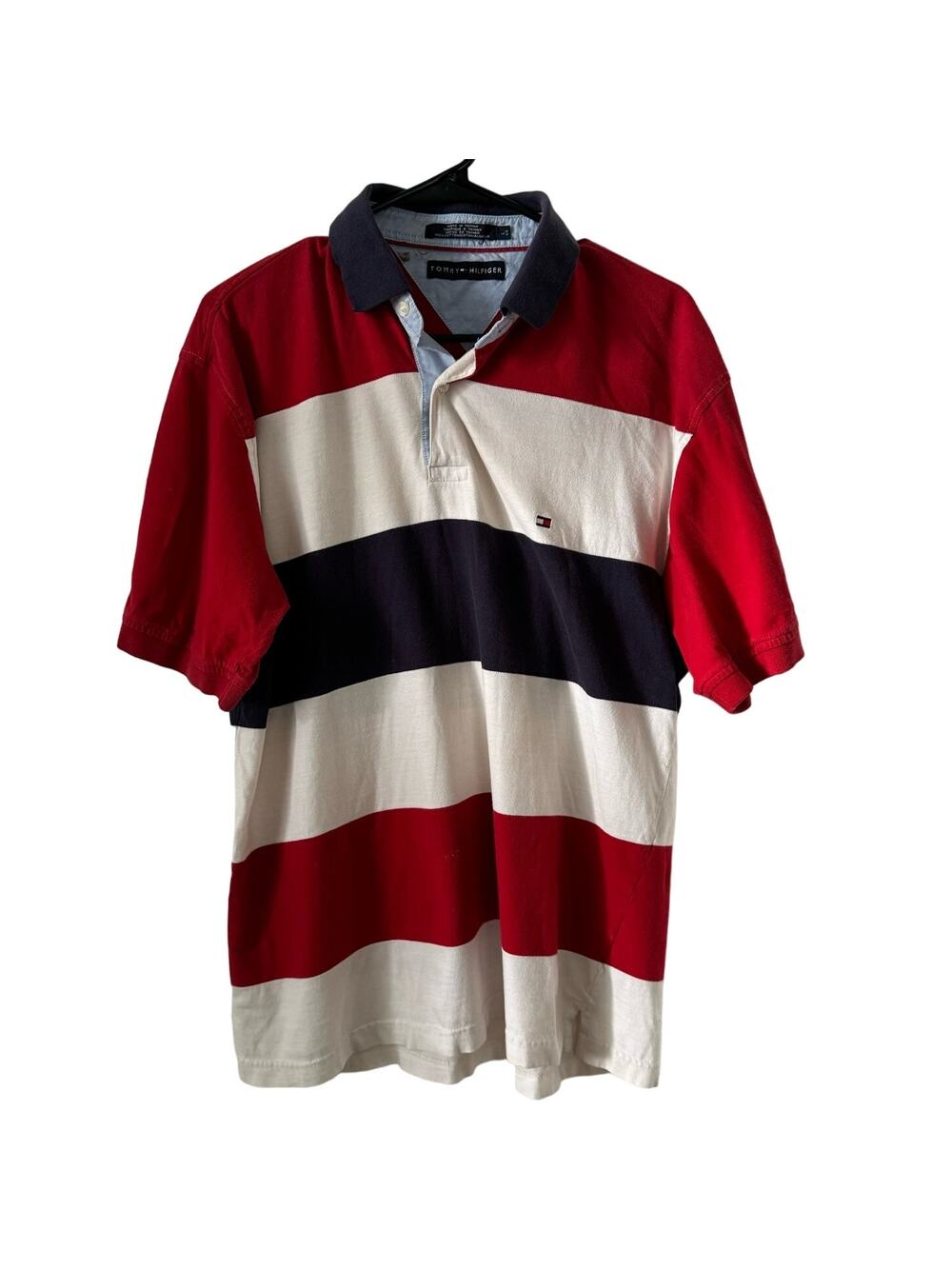 Vintage Y2K Tommy Hilfiger Spellout Big Stripe Polo Shirt Red White Blue Sz Lg